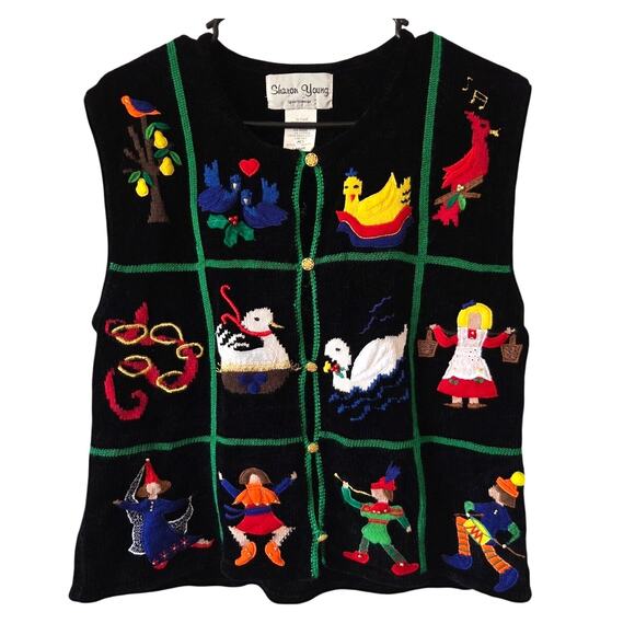 Sharon Young Jackets & Blazers - Sharon Young Large 12 Days of Christmas Embroidered VEST Button Up Black